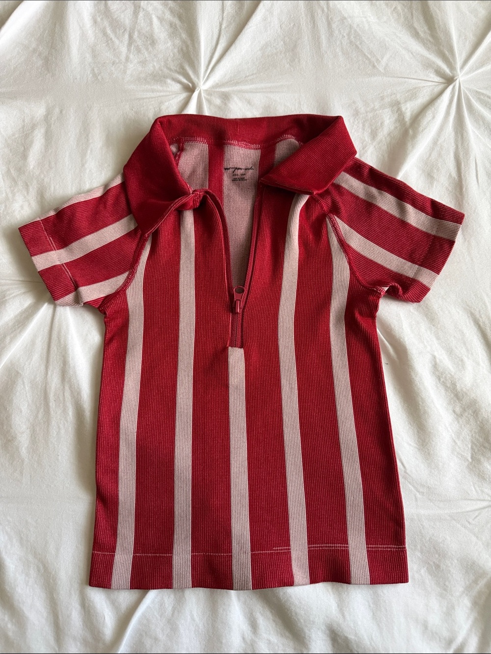 Free People World Cup red/ Light Pink Vertical Stripe Knit futbol Polo Top